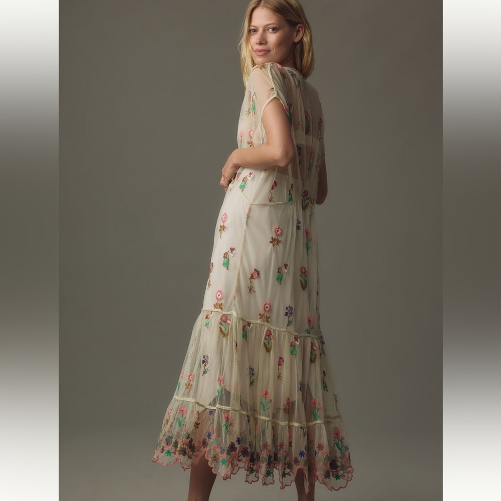 Anthropologie Floral Embroidered Sheer duster - Cream and Multicolor